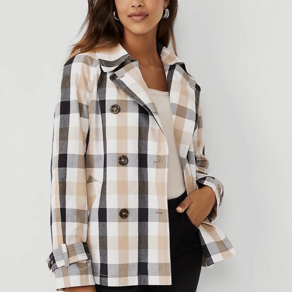 Ann Taylor Medium Weekend Collection tan black cream Plaid Short Trench Coat​ - Picture 3 of 11